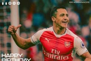 阿森纳祝桑切斯37岁生日快乐，效力期间出战166场80球44助