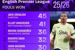 英超造犯规榜：格拉利什压安德森居首，萨卡、若昂·佩德罗在列