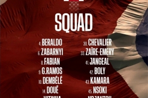 巴黎法国杯名单：登贝莱、杜埃在列，K77、巴尔科拉、李刚仁缺席