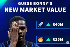 20场5球6助攻！德转预热国米22岁中锋博尼身价，最高可达4000万欧