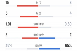 热刺1-2利物浦全场数据：射门15-8，射正5-4，黄牌5-3，红牌2-0