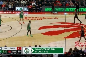 攻势渐起！凯尔特人第一节尾声轰出16-0攻势反超并领先猛龙12分