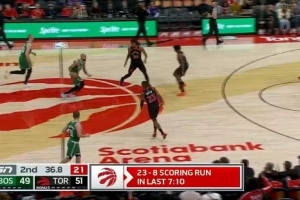 就进反超这一球！奎克利接英格拉姆分球命中三分 帮猛龙反超比分