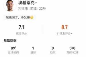 埃基蒂克本场1射进1球 2越位+1关键传球 7对抗3成功 获评7.1分