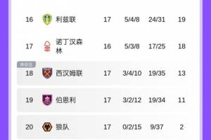 ⏬英超降级3队初具雏形：狼队17轮2分预定1席，铁锤伯恩利挣扎中