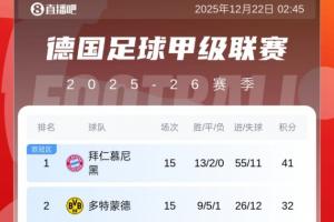 🤔还有悬念吗？德甲积分榜：拜仁15轮13胜2平无败绩，9分领跑！