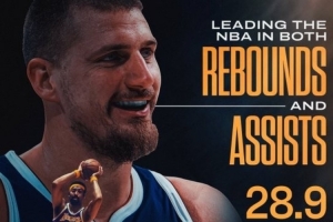 约基奇本赛季至今场均28.9分12板10.9助 篮板助攻均全联盟第一