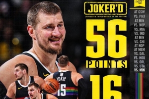 掘金官方晒约基奇56分三双海报：有史以来圣诞大战的最佳表现👏