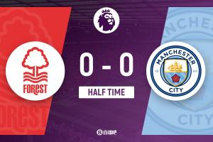 半场-曼城暂0-0诺丁汉森林 双方半场均0射正曼城控球率近7成
