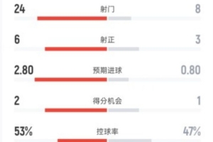 阿森纳2-1布莱顿全场数据：射门24-8，射正6-3，控球率53%-47%