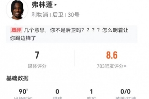 弗林蓬本场1助攻+2关键传球 2过人2成功 2造犯规+5对抗4成功