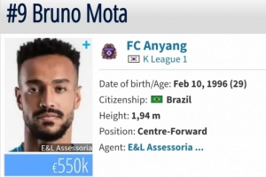 博主：K联赛中锋布鲁诺·莫塔正在完善加盟申花的相关手续