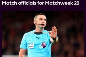 英超第20轮裁判：奥利弗执法曼城vs切尔西