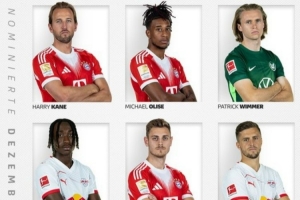 德甲官方12月最佳球员候选：凯恩领衔，奥利塞、斯坦尼西奇在列