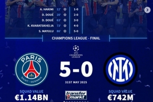 德转回顾2025年决赛：巴黎5-0国米、热刺1-0曼联、切尔西3-0巴黎