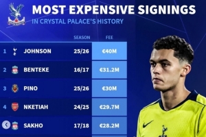水晶宫队史引援榜：约翰逊居首，本特克、恩凯提亚、格伊在列