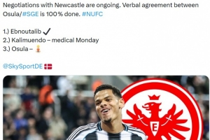 记者：法兰克福正寻求引进第三名前锋，纽卡奥苏拉成为目标