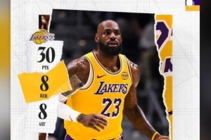 Respect🫡东契奇社媒转发詹姆斯本场30+8+8数据海报