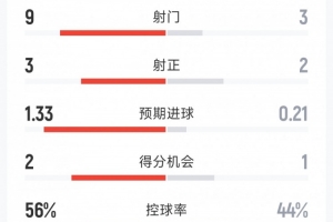 曼城1-0布莱顿半场数据：射门9-3，射正3-2，得分机会2-1