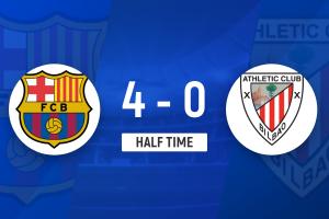 半场-巴萨暂4-0毕巴 费尔明2传1射拉菲尼亚、巴德吉传射西蒙送礼