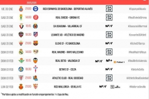 西甲第22轮时间：2月1日4点埃尔切vs巴萨，21点皇马vs巴列卡诺