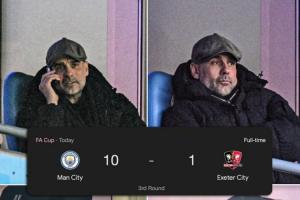 就当是放假了！瓜帅停赛看台目睹曼城10-1大胜，收获个人执教纪录