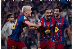 名宿贺电！小罗社媒转发海报祝贺巴萨夺冠：西超杯冠军！