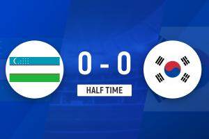 半场-朱马耶夫角球中框双方共1射正 韩国U23暂0-0乌兹别克斯坦U23